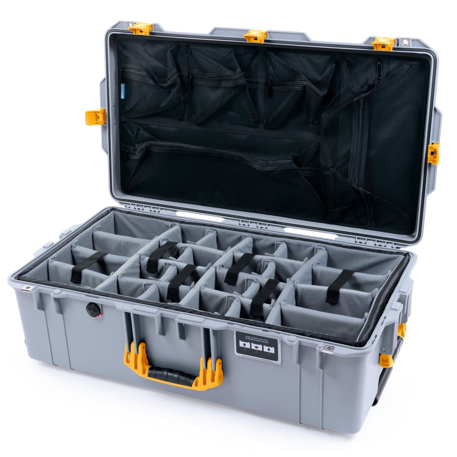 Pelican 1615 Air Case - Silver & Yellow Padded Microfiber Dividers / Mesh Lid Organizer ColorCase 016150-0170-180-241