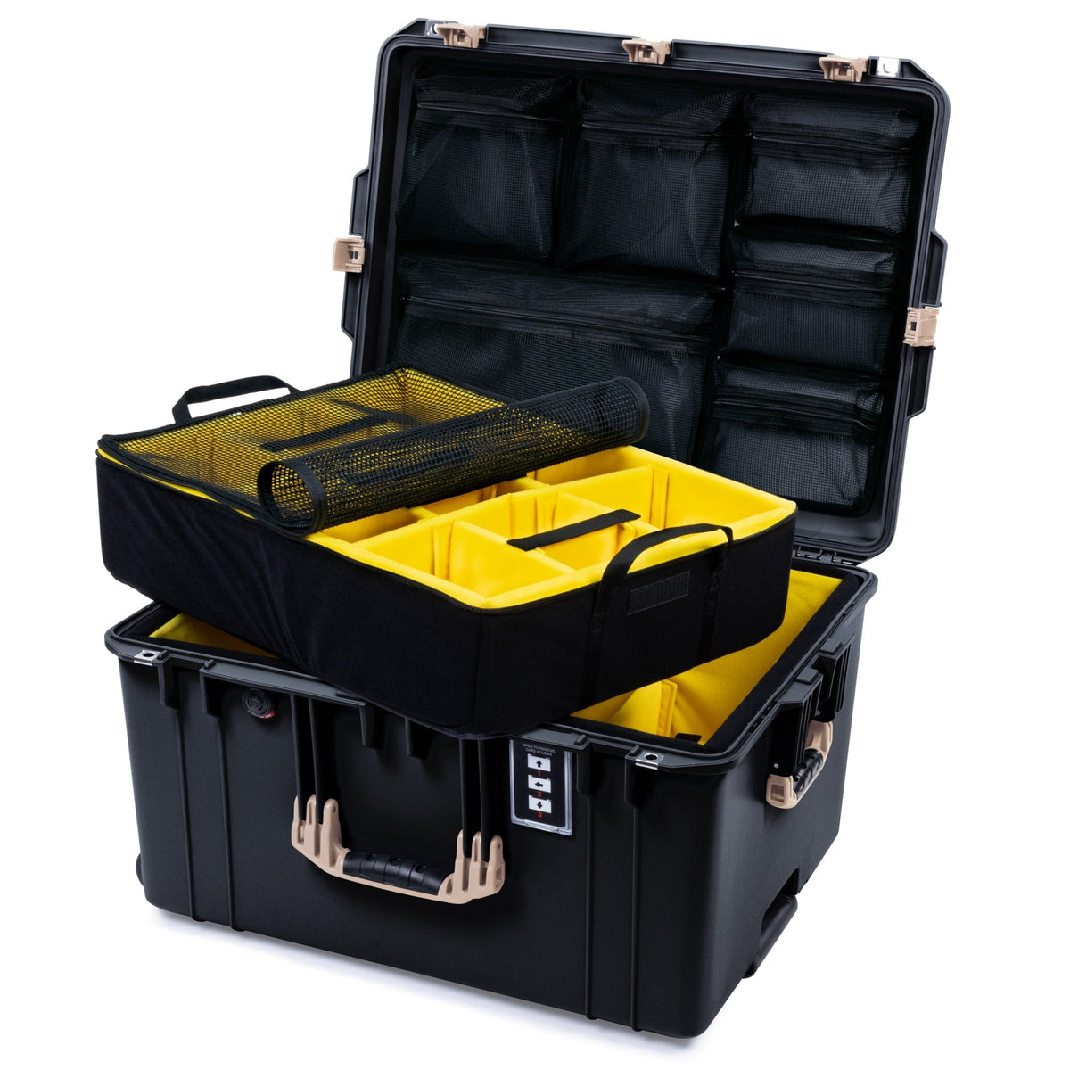 Pelican 1637 Air Case - Black &amp; Desert Tan - 2 - Lyr Yellow Padded Dividers / Mesh Lid Organizer