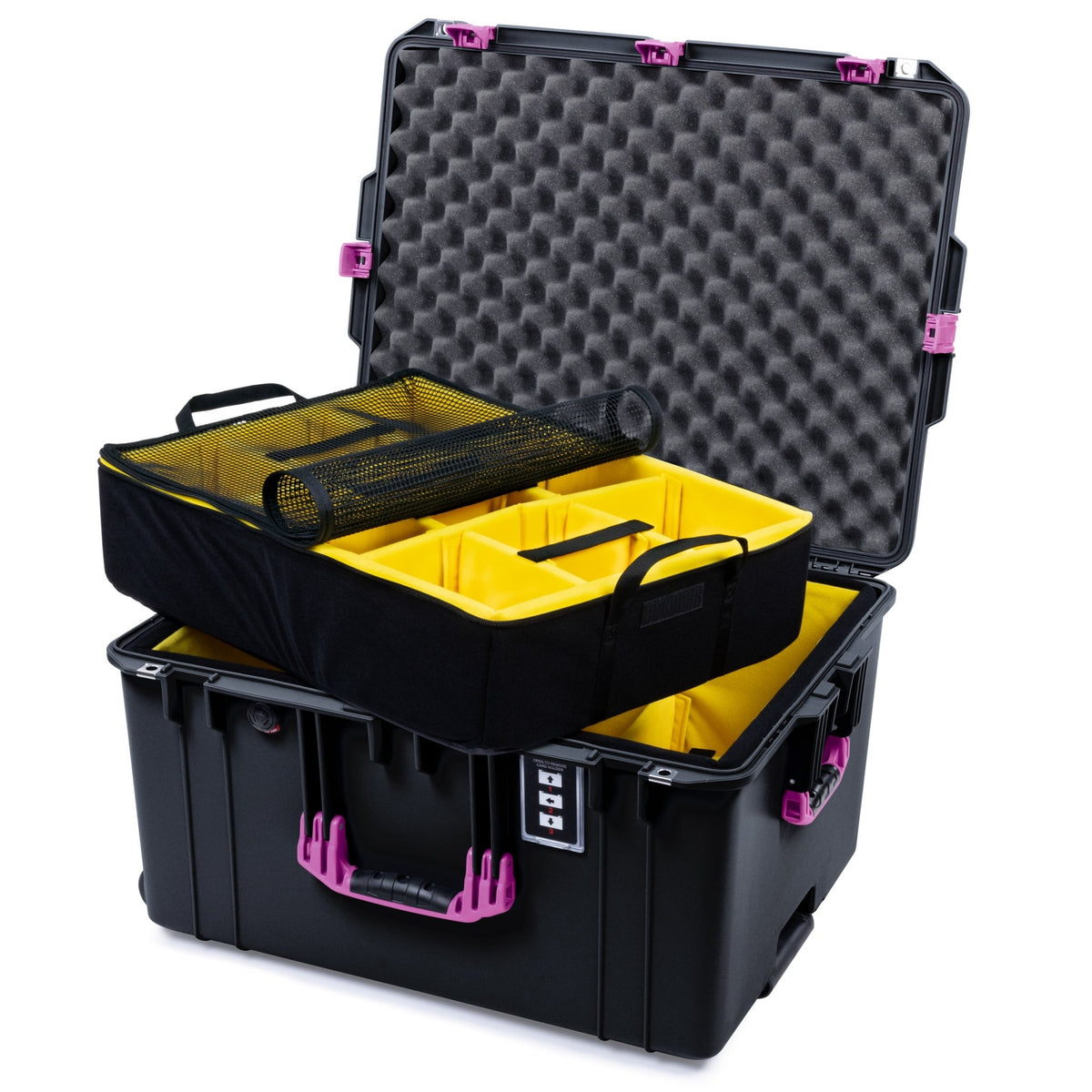 Pelican 1637 Air Case - Black &amp; Magenta Trolley - 2 - Layer Yellow Padded Microfiber Dividers / Convolute Lid Foam