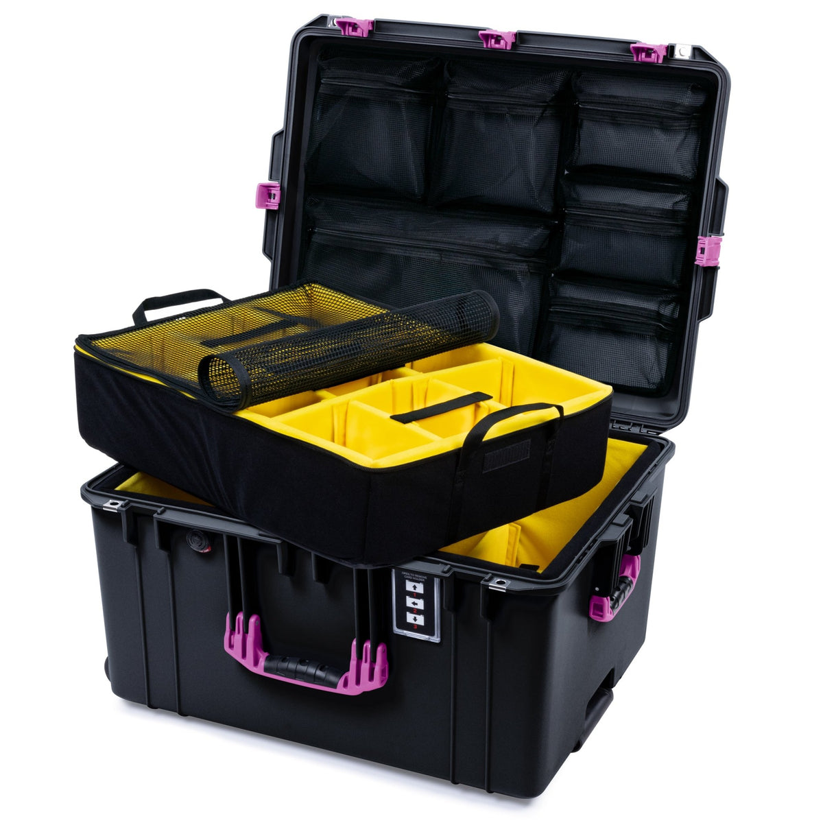Pelican 1637 Air Case - Black &amp; Magenta Trolley - Yellow Padded Microfiber Dividers / Mesh Lid Organizer