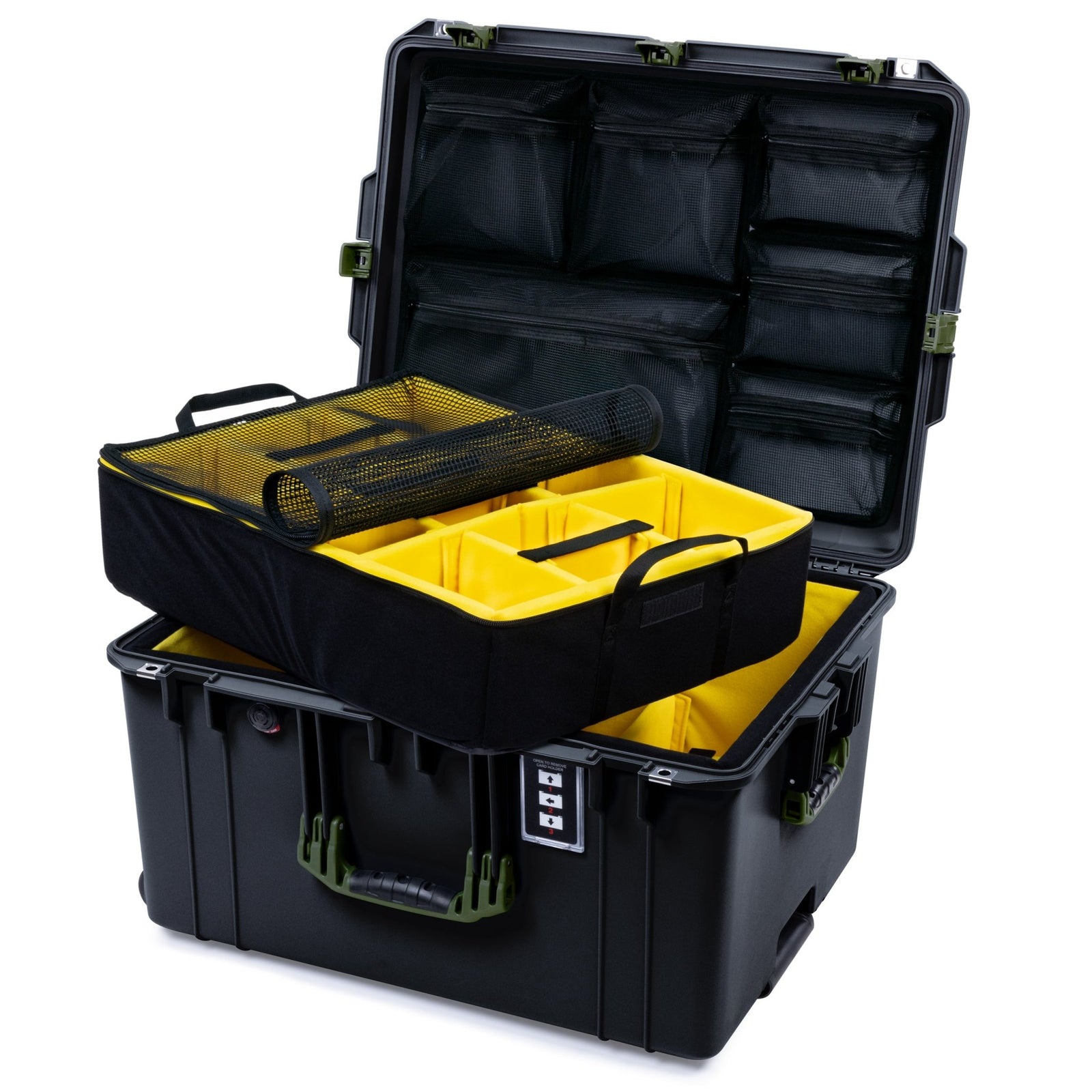 Pelican 1637 Air Case - Black & OD Green - Yellow Padded Microfiber Dividers / Mesh Lid Organizer