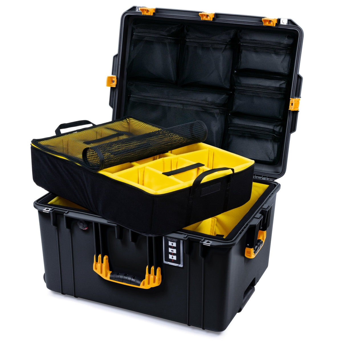 Pelican 1637 Air Case - Black &amp; Yellow Trolley - Yellow Padded Microfiber Dividers / Mesh Lid Organizer