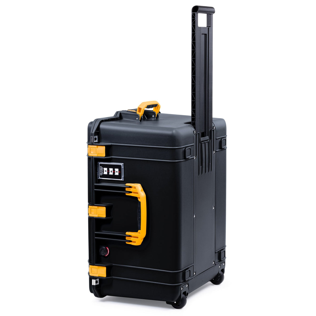 Pelican 1637 Air Case - Black Case with Yellow Handles and Latches - Upright View of Trolley Side