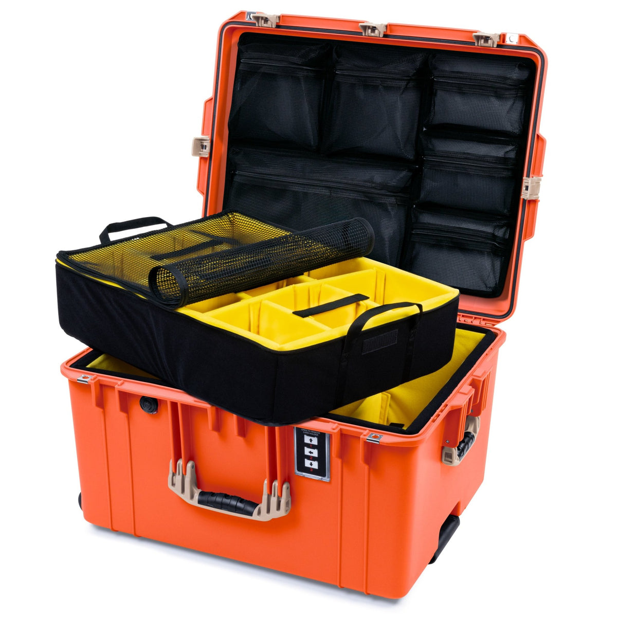 Pelican 1637 Air Case - Orange &amp; Desert Tan Trolley - 2 - Layer Yellow Padded Microfiber Dividers / Mesh Lid Organizer