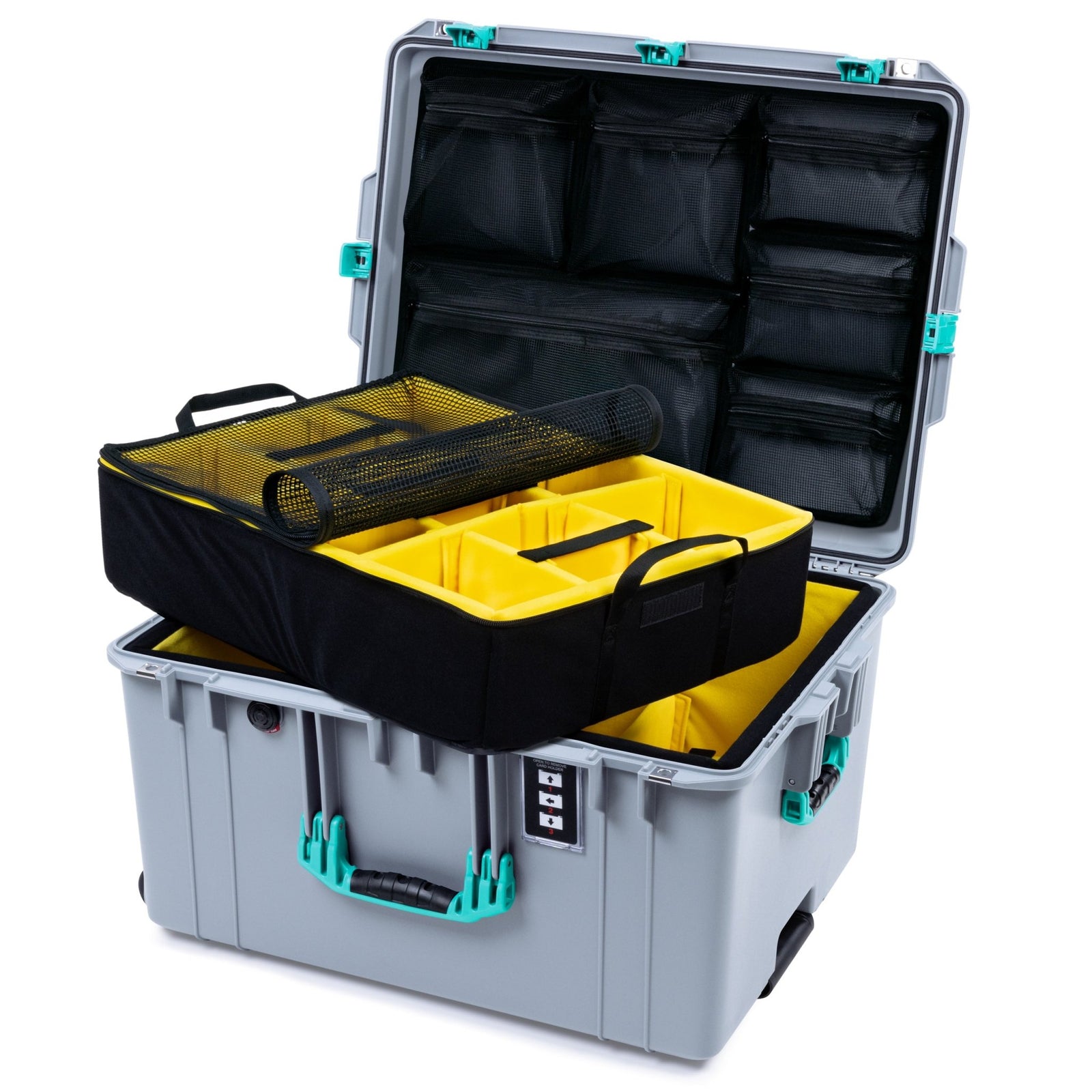 Pelican 1637 Air Case - Silver & Teal Trolley - 2 - Layer Yellow Padded Microfiber Dividers / Mesh Lid Organizer