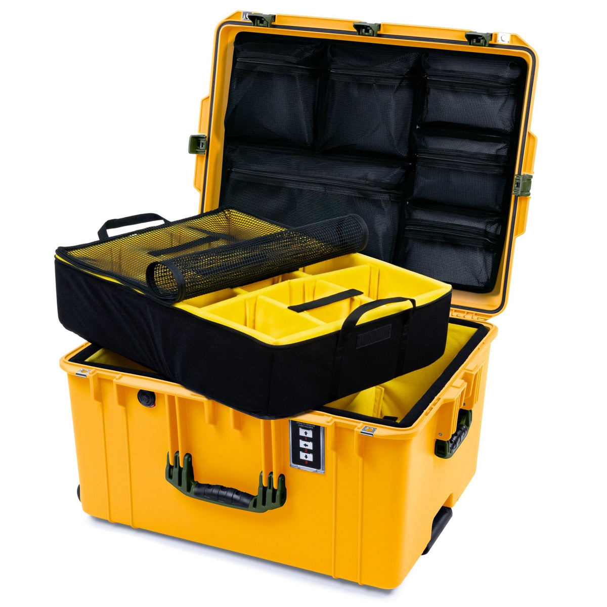 Pelican 1637 Air Case - Yellow &amp; OD Green - 2 - Layer Yellow Padded Microfiber Dividers / Mesh Lid Organizer