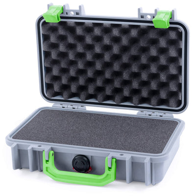Pelican 1170 Case, Silver with Lime Green Handle & Latches Pick & Pluck Foam with Convolute Lid Foam ColorCase 011700-0001-180-300