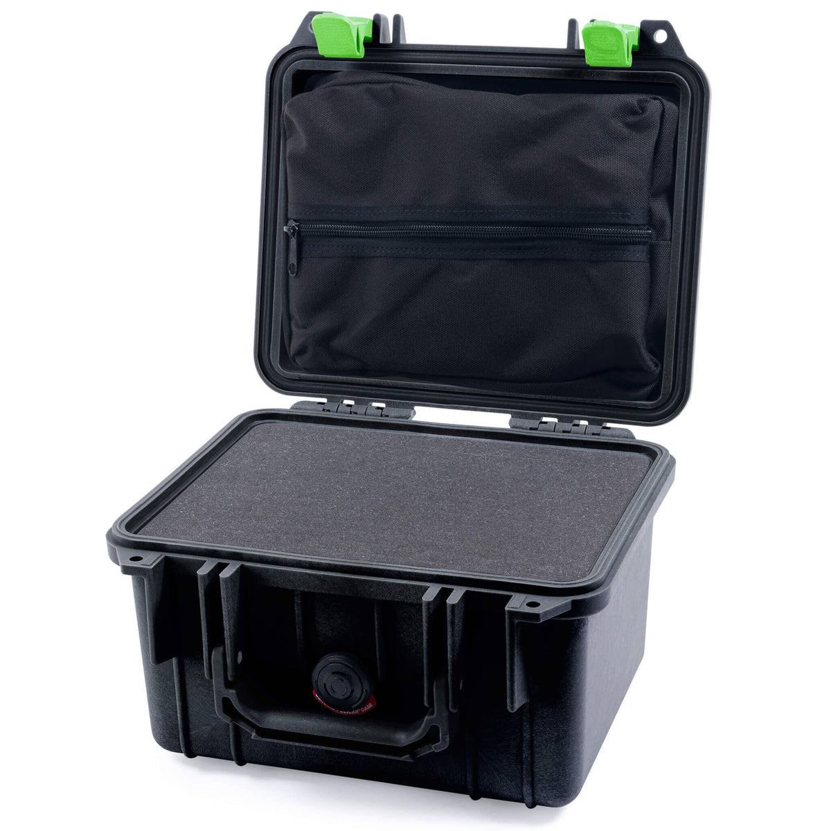 Pelican 1300 Case, Black with Lime Green Latches Pick &amp; Pluck Foam with Zipper Lid Pouch ColorCase 013000-0101-110-300
