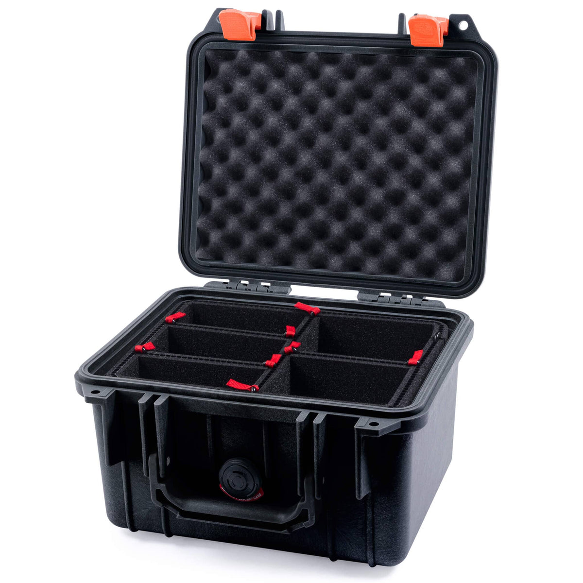 Pelican 1300 Case, Black with Orange Latches TrekPak Divider System with Convolute Lid Foam ColorCase 013000-0020-110-150