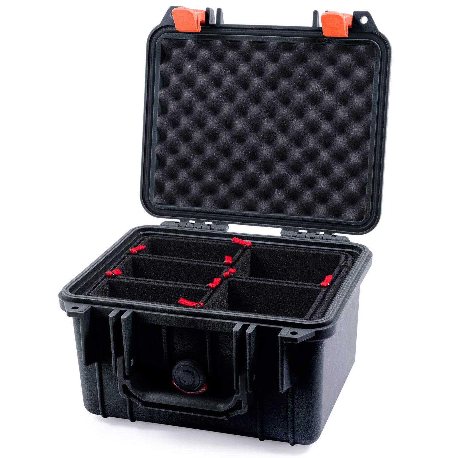 Pelican 1300 Case, Black with Orange Latches TrekPak Divider System with Convolute Lid Foam ColorCase 013000-0020-110-150