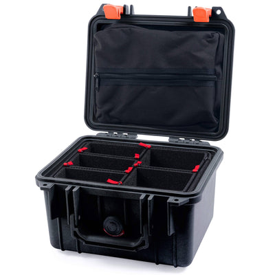 Pelican 1300 Case, Black with Orange Latches TrekPak Divider System with Zipper Lid Pouch ColorCase 013000-0120-110-150
