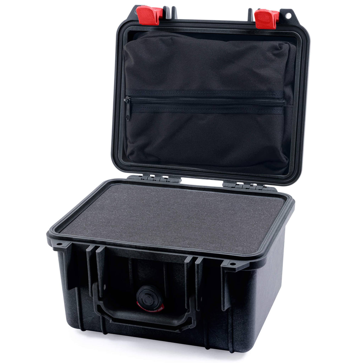 Pelican 1300 Case, Black with Red Latches Pick &amp; Pluck Foam with Zipper Lid Pouch ColorCase 013000-0101-110-320