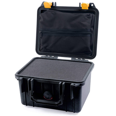 Pelican 1300 Case, Black with Yellow Latches Pick & Pluck Foam with Zipper Lid Pouch ColorCase 013000-0101-110-240