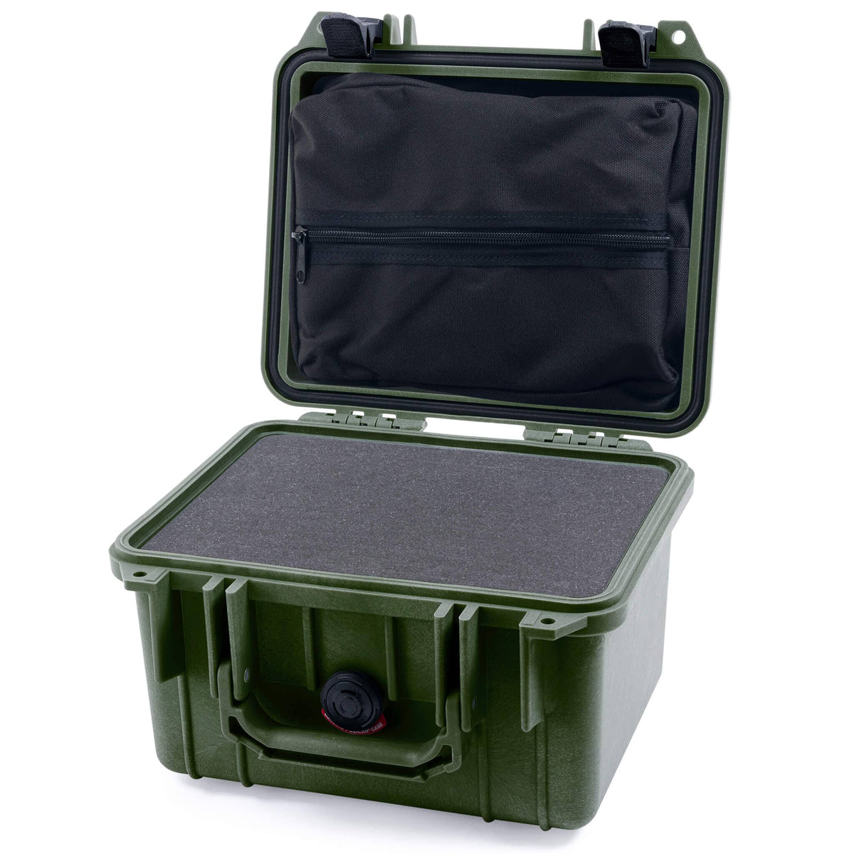 Pelican 1300 Case, OD Green with Black Latches Pick &amp; Pluck Foam with Zipper Lid Pouch ColorCase 013000-0101-130-110