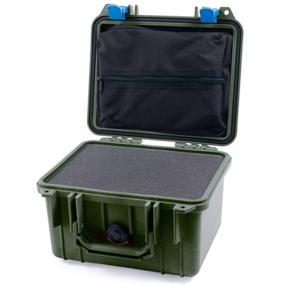 Pelican 1300 Case, OD Green with Blue Latches Pick & Pluck Foam with Zipper Lid Pouch ColorCase 013000-0101-130-120