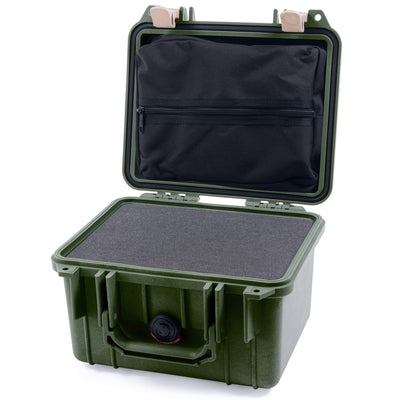 Pelican 1300 Case, OD Green with Desert Tan Latches Pick & Pluck Foam with Zipper Lid Pouch ColorCase 013000-0101-130-310