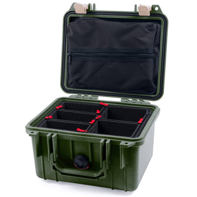 Pelican 1300 Case, OD Green with Desert Tan Latches TrekPak Divider System with Zipper Lid Pouch ColorCase 013000-0120-130-310