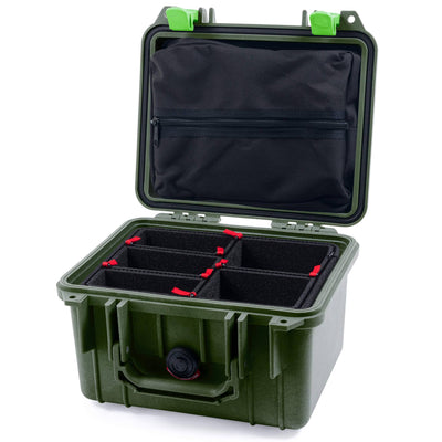Pelican 1300 Case, OD Green with Lime Green Latches TrekPak Divider System with Zipper Lid Pouch ColorCase 013000-0120-130-300