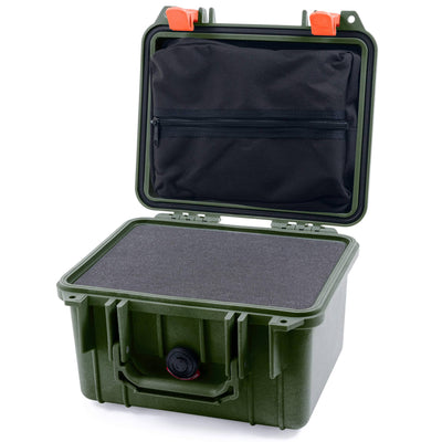Pelican 1300 Case, OD Green with Orange Latches Pick & Pluck Foam with Zipper Lid Pouch ColorCase 013000-0101-130-150