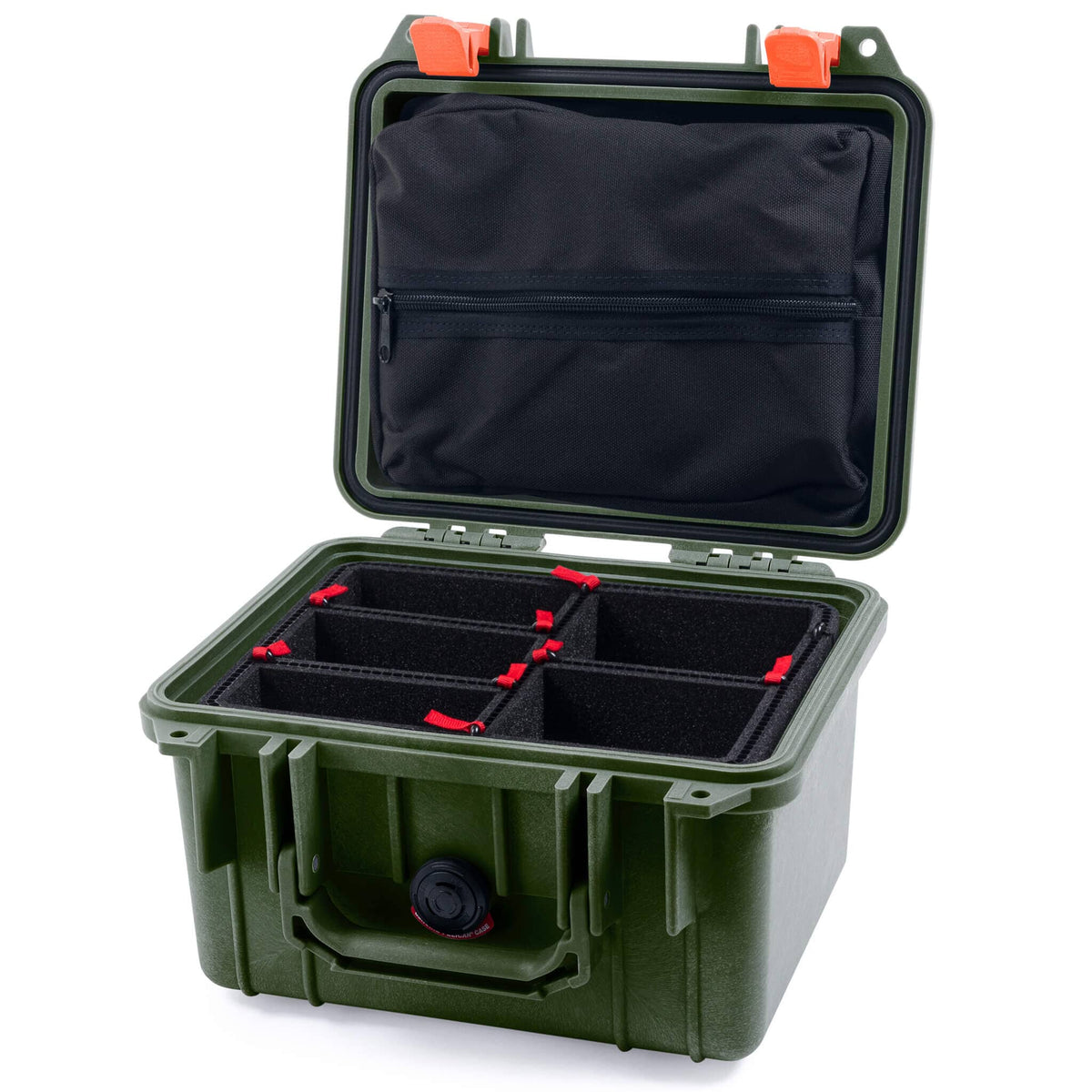 Pelican 1300 Case, OD Green with Orange Latches TrekPak Divider System with Zipper Lid Pouch ColorCase 013000-0120-130-150
