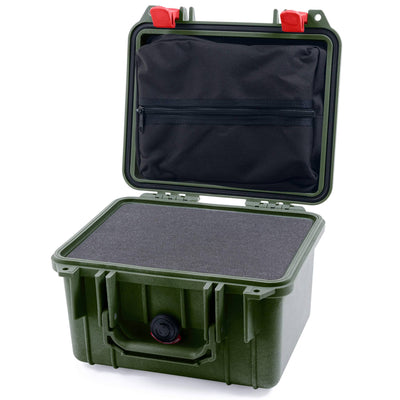 Pelican 1300 Case, OD Green with Red Latches Pick & Pluck Foam with Zipper Lid Pouch ColorCase 013000-0101-130-320