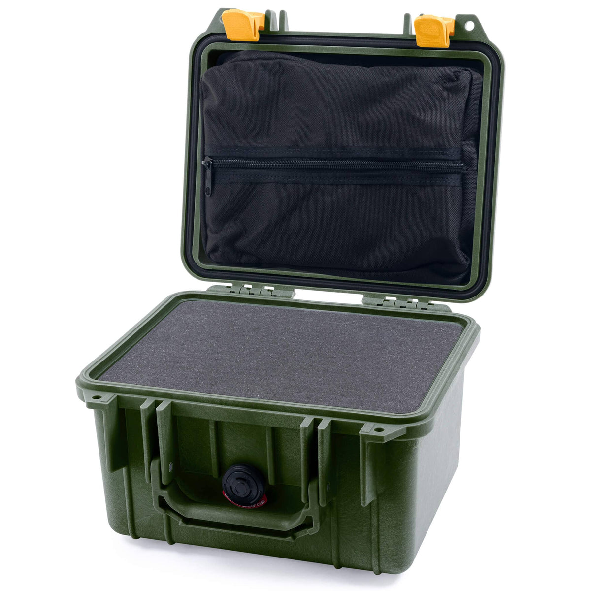 Pelican 1300 Case, OD Green with Yellow Latches Pick &amp; Pluck Foam with Zipper Lid Pouch ColorCase 013000-0101-130-240