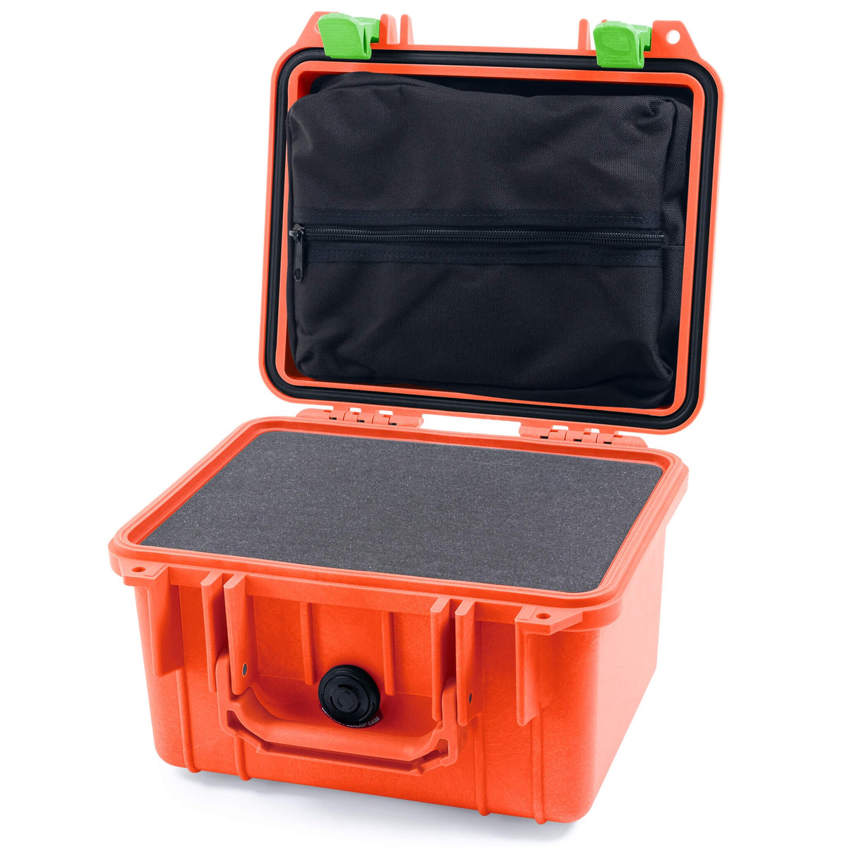 Pelican 1300 Case, Orange with Lime Green Latches Pick &amp; Pluck Foam with Zipper Lid Pouch ColorCase 013000-0101-150-300