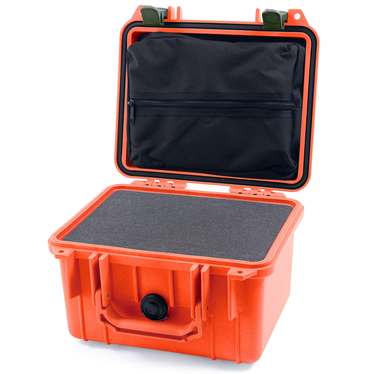 Pelican 1300 Case, Orange with OD Green Latches Pick &amp; Pluck Foam with Zipper Lid Pouch ColorCase 013000-0101-150-130