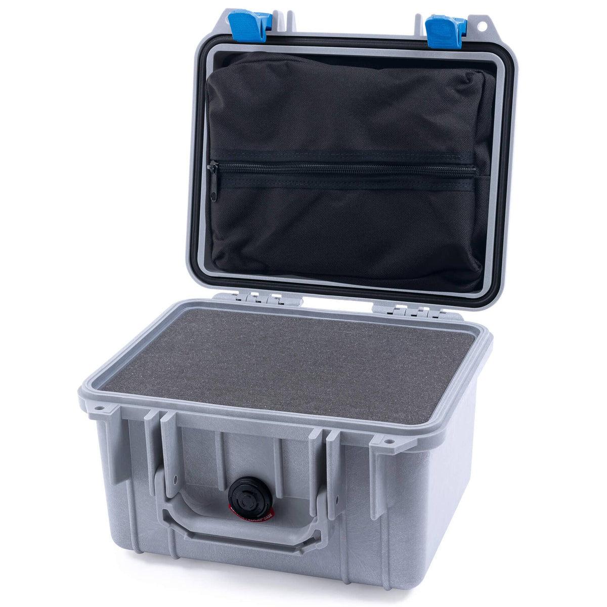 Pelican 1300 Case, Silver with Blue Latches Pick &amp; Pluck Foam with Zipper Lid Pouch ColorCase 013000-0101-180-120