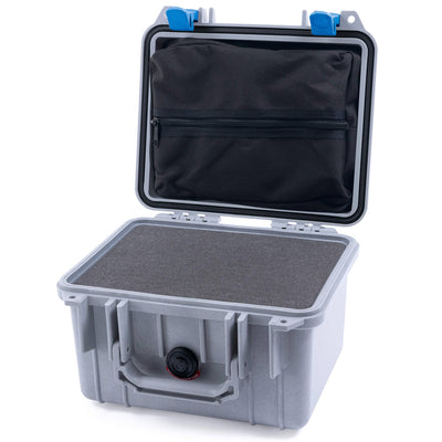 Pelican 1300 Case, Silver with Blue Latches Pick & Pluck Foam with Zipper Lid Pouch ColorCase 013000-0101-180-120
