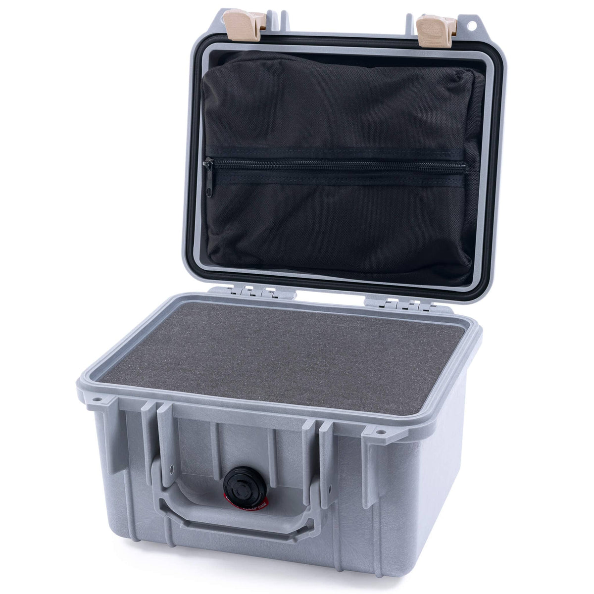 Pelican 1300 Case, Silver with Desert Tan Latches Pick &amp; Pluck Foam with Zipper Lid Pouch ColorCase 013000-0101-180-310