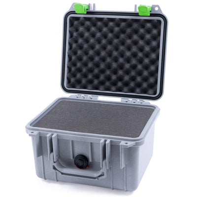 Pelican 1300 Case, Silver with Lime Green Latches Pick & Pluck Foam with Convolute Lid Foam ColorCase 013000-0001-180-300