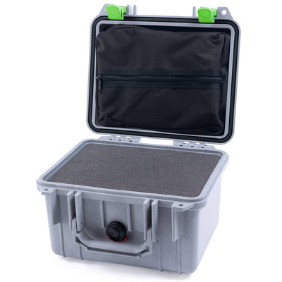 Pelican 1300 Case, Silver with Lime Green Latches Pick & Pluck Foam with Zipper Lid Pouch ColorCase 013000-0101-180-300
