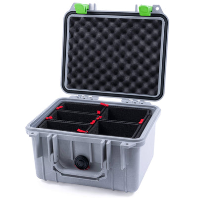 Pelican 1300 Case, Silver with Lime Green Latches TrekPak Divider System with Convolute Lid Foam ColorCase 013000-0020-180-300