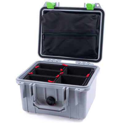 Pelican 1300 Case, Silver with Lime Green Latches TrekPak Divider System with Zipper Lid Pouch ColorCase 013000-0120-180-300