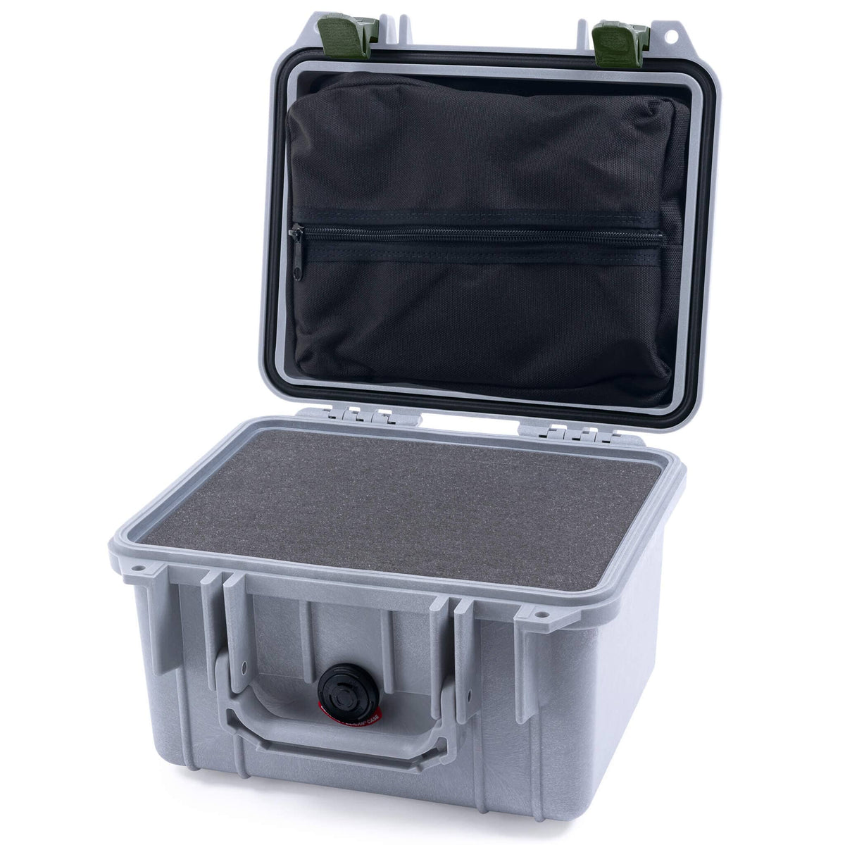 Pelican 1300 Case, Silver with OD Green Latches Pick &amp; Pluck Foam with Zipper Lid Pouch ColorCase 013000-0101-180-130