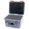Pelican 1300 Case, Silver with Orange Latches Pick & Pluck Foam with Zipper Lid Pouch ColorCase 013000-0101-180-150