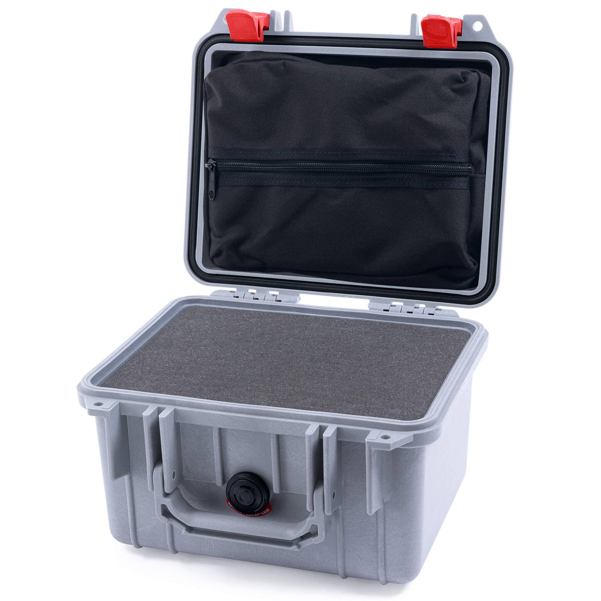 Pelican 1300 Case, Silver with Red Latches Pick &amp; Pluck Foam with Zipper Lid Pouch ColorCase 013000-0101-180-320