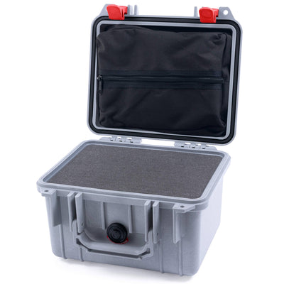 Pelican 1300 Case, Silver with Red Latches Pick & Pluck Foam with Zipper Lid Pouch ColorCase 013000-0101-180-320