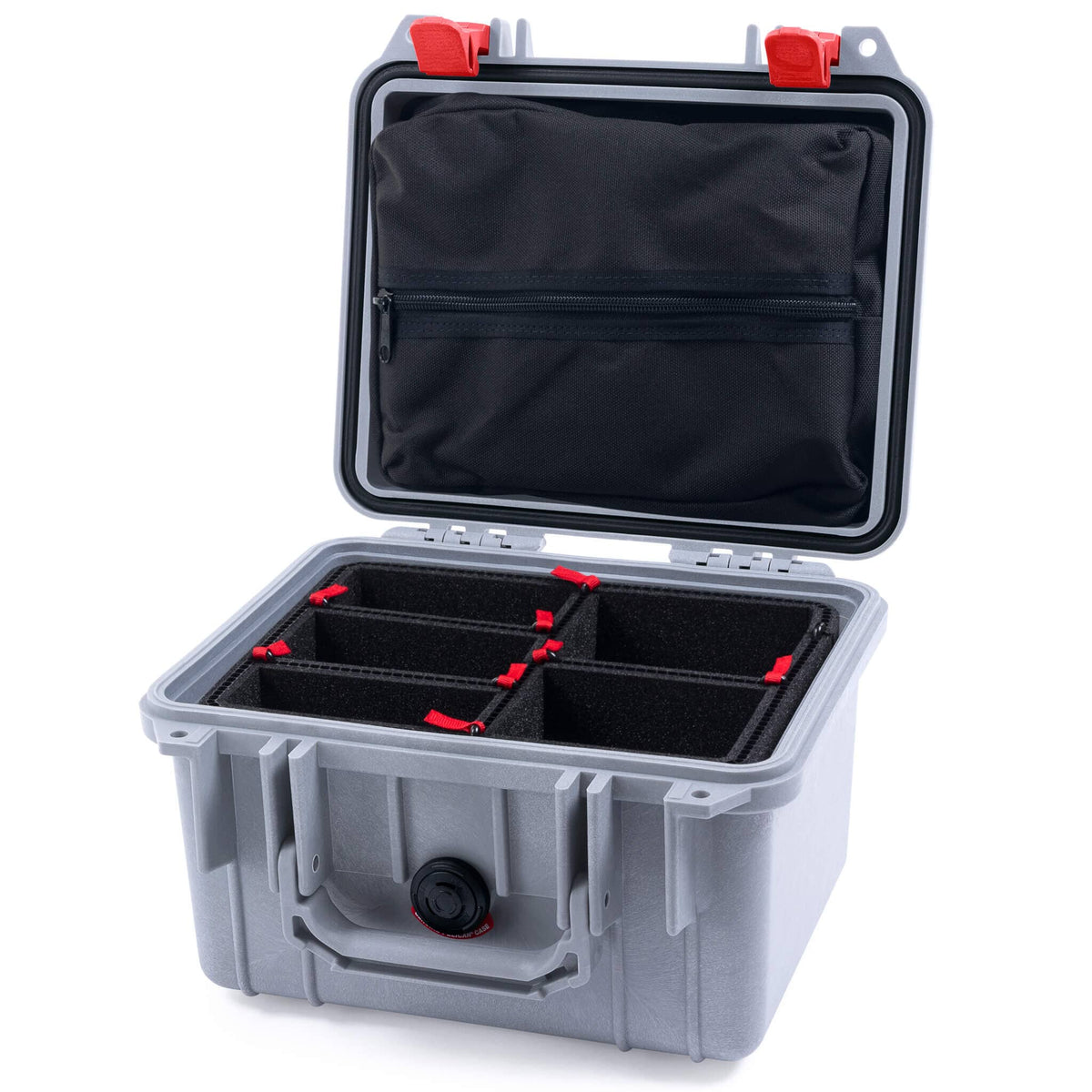 Pelican 1300 Case, Silver with Red Latches TrekPak Divider System with Zipper Lid Pouch ColorCase 013000-0120-180-320