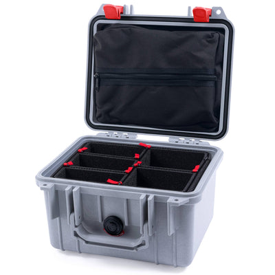 Pelican 1300 Case, Silver with Red Latches TrekPak Divider System with Zipper Lid Pouch ColorCase 013000-0120-180-320
