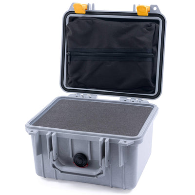 Pelican 1300 Case, Silver with Yellow Latches Pick & Pluck Foam with Zipper Lid Pouch ColorCase 013000-0101-180-240