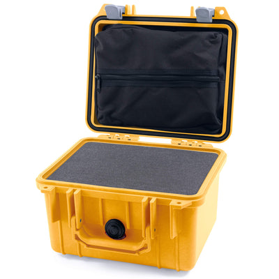 Pelican 1300 Case, Yellow with Silver Latches Pick & Pluck Foam with Zipper Lid Pouch ColorCase 013000-0101-240-180