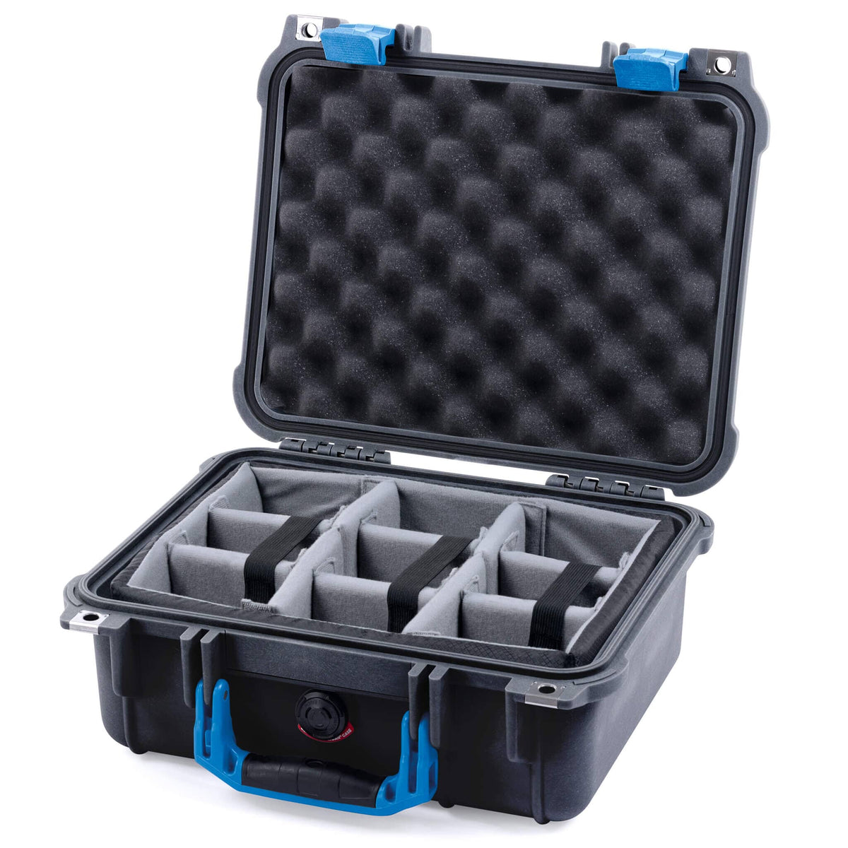 Pelican 1400 Case, Black with Blue Handle &amp; Latches Gray Padded Microfiber Dividers with Convolute Lid Foam ColorCase 014000-0070-110-120
