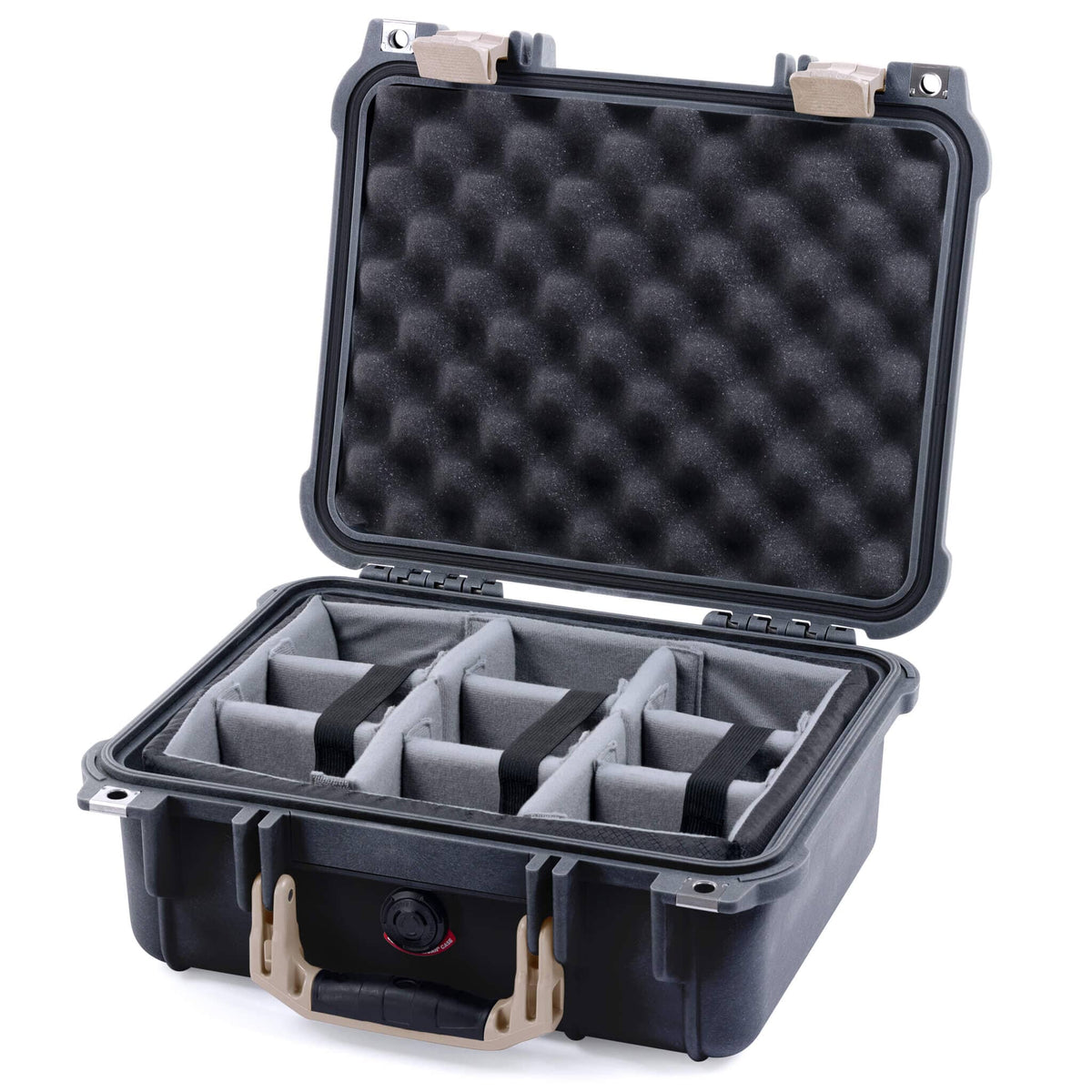 Pelican 1400 Case, Black with Desert Tan Handle &amp; Latches Gray Padded Microfiber Dividers with Convolute Lid Foam ColorCase 014000-0070-110-310