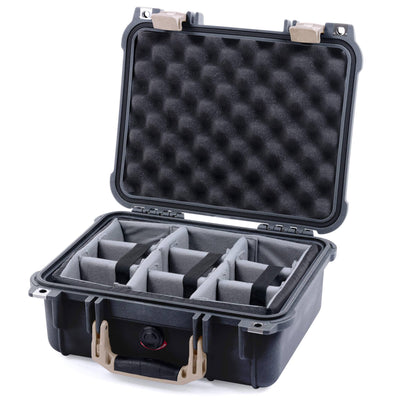 Pelican 1400 Case, Black with Desert Tan Handle & Latches Gray Padded Microfiber Dividers with Convolute Lid Foam ColorCase 014000-0070-110-310