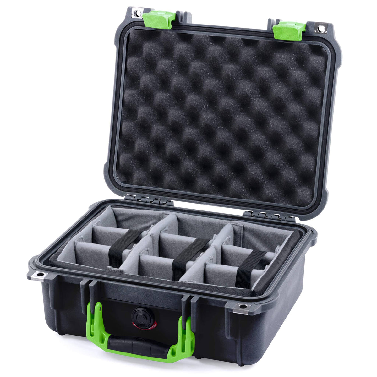 Pelican 1400 Case, Black with Lime Green Handle &amp; Latches Gray Padded Microfiber Dividers with Convolute Lid Foam ColorCase 014000-0070-110-300
