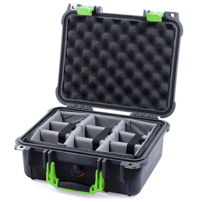 Pelican 1400 Case, Black with Lime Green Handle & Latches Gray Padded Microfiber Dividers with Convolute Lid Foam ColorCase 014000-0070-110-300