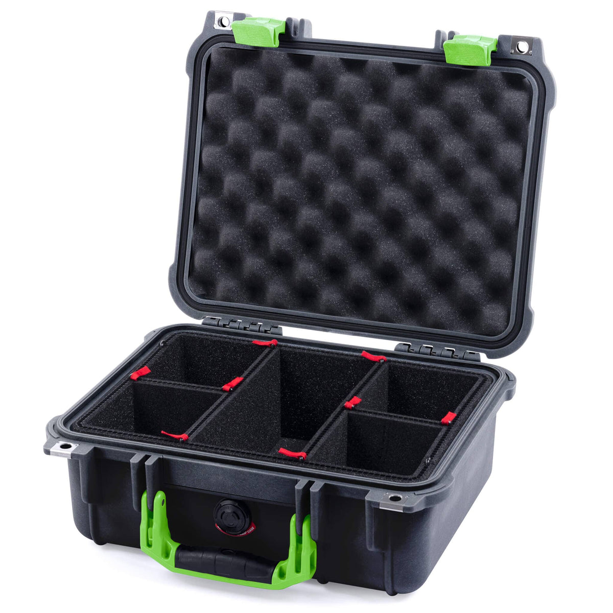 Pelican 1400 Case, Black with Lime Green Handle &amp; Latches TrekPak Divider System with Convolute Lid Foam ColorCase 014000-0020-110-300