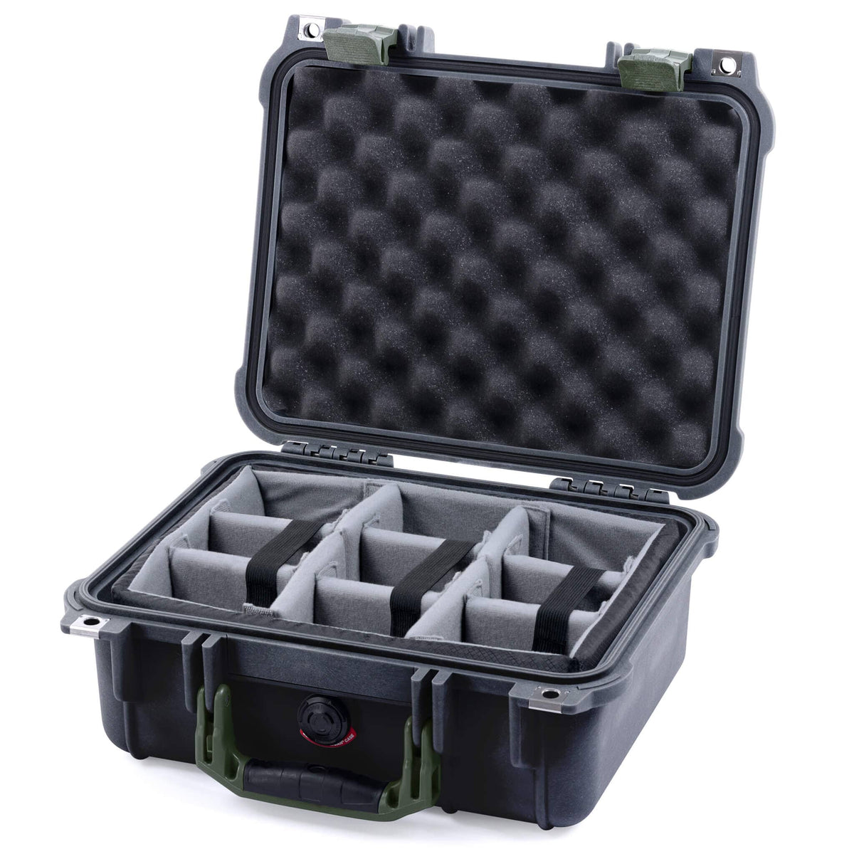 Pelican 1400 Case, Black with OD Green Handle &amp; Latches Gray Padded Microfiber Dividers with Convolute Lid Foam ColorCase 014000-0070-110-130